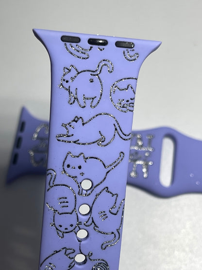 Cat Watch Band Engraved custom name watch bands, cat kitty kitten print, gift idea, Apple Watch 38 40 41 42 45 mm
