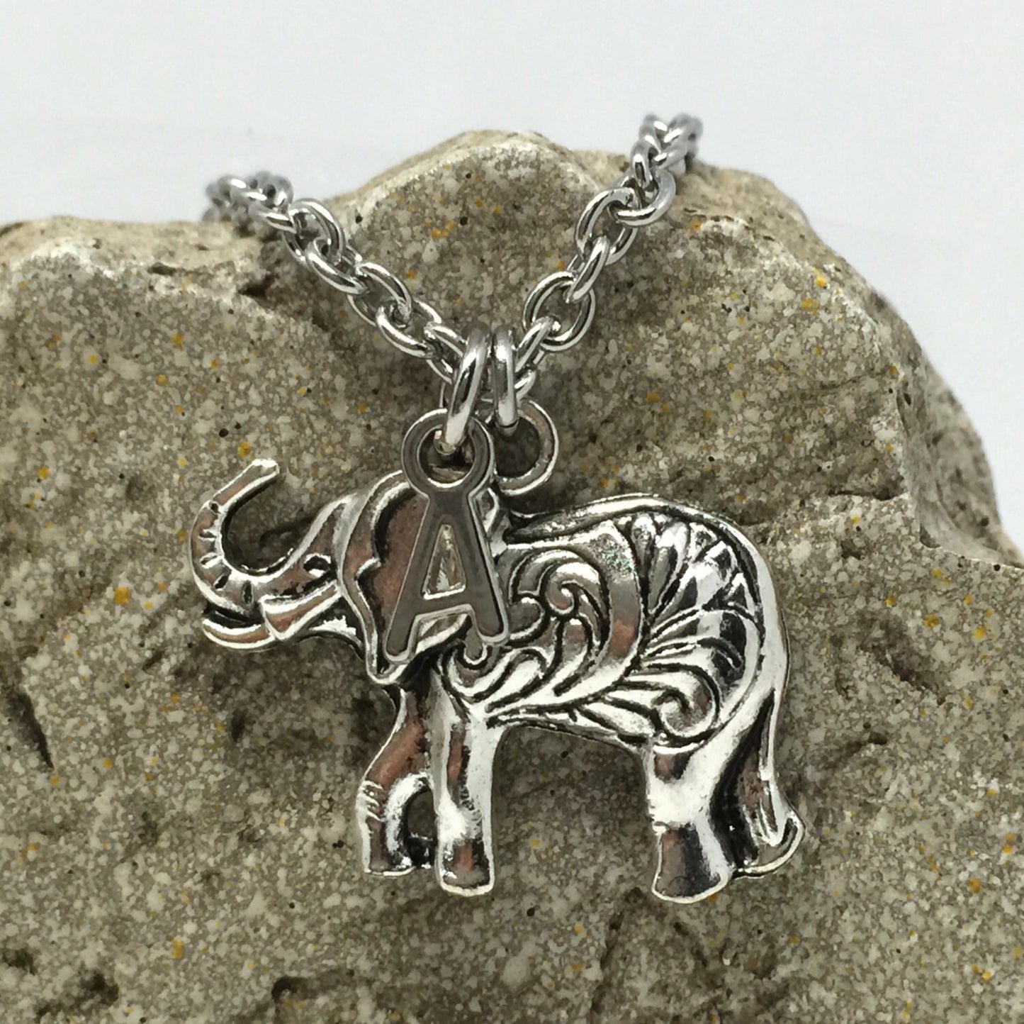 Elephant trunk up good luck charm necklace stainless steel sterling silver chain lead nickel free hypoallergenic