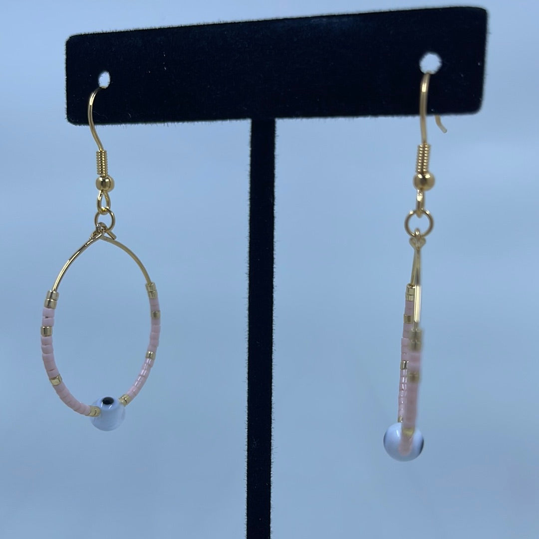 Pink and Gold with White Evil Eye Bead Hoop Earrings