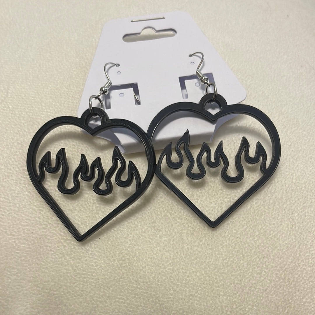 Black Flaming Heart Earrings