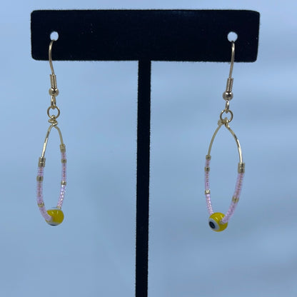 Pink and Gold with Yellow Evil Eye Bead Hoop Earrings