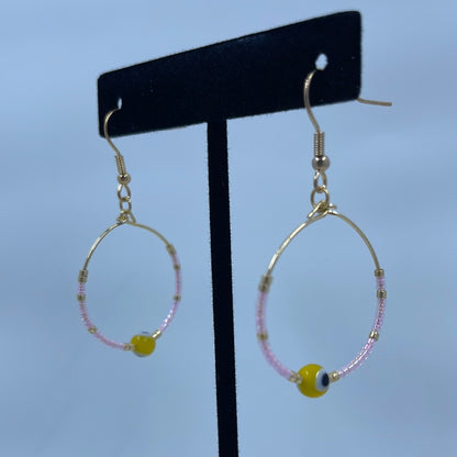 Pink and Gold with Yellow Evil Eye Bead Hoop Earrings